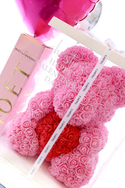 Rose Teddy Bear - Pink Holding Red Heart (FREE GIFT BOX)