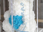 Rose Teddy Bear - White Holding Baby Blue Heart (FREE GIFT BOX)